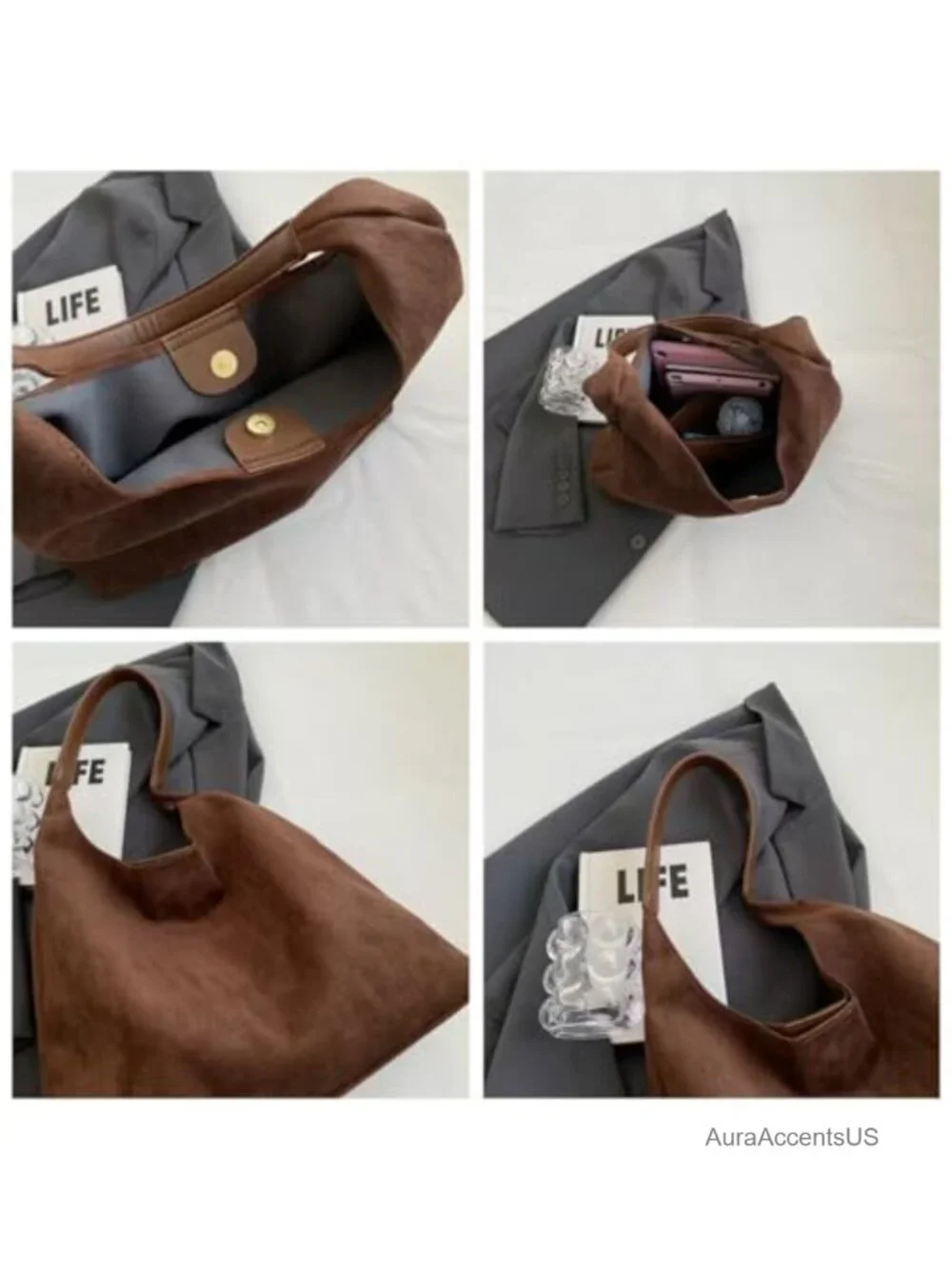 Faux Suede Hobo Bag Women Slouchy Tote Shoulder Purse Retro Work